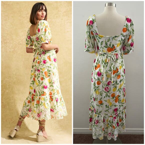 Nobody's Child Isla Fruit Print Midaxi Dress Puff Sleeve Novelty Colorful Size 6 - Picture 2 of 16